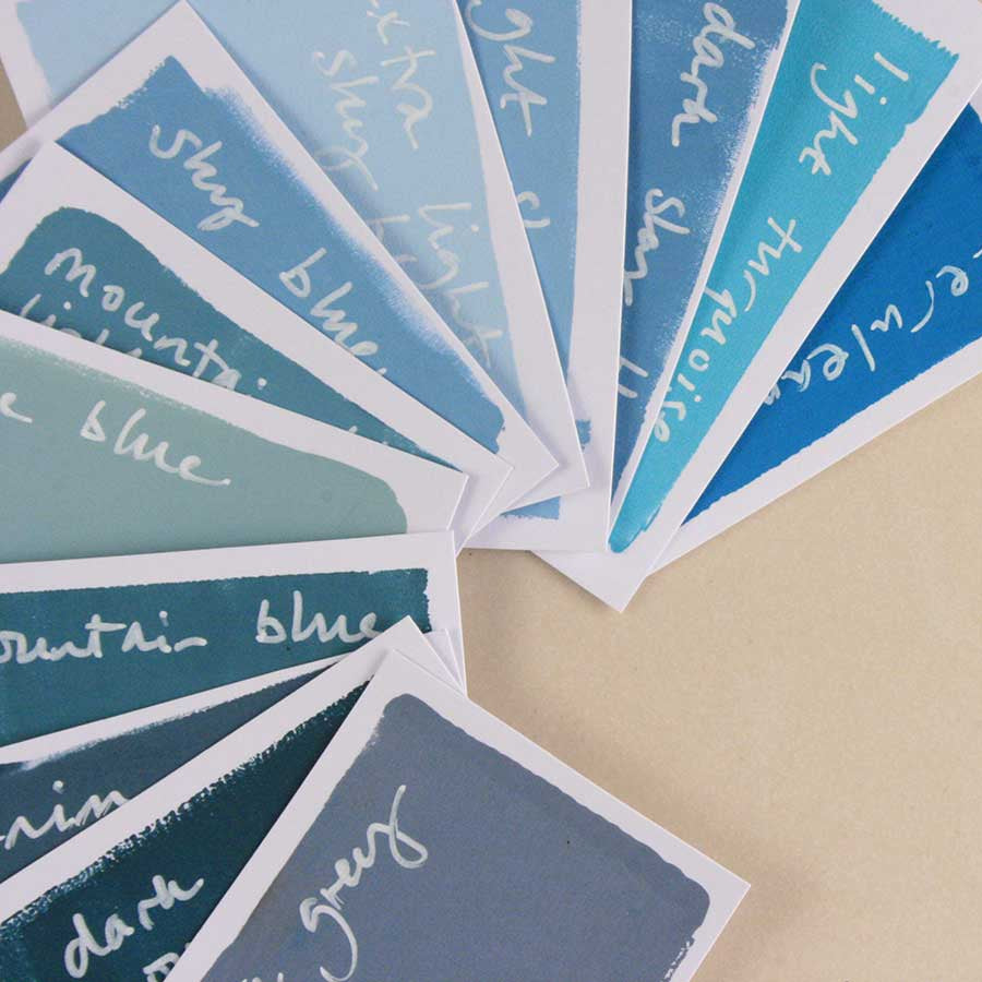 shades of blue Color swatches with text labels on a beige background