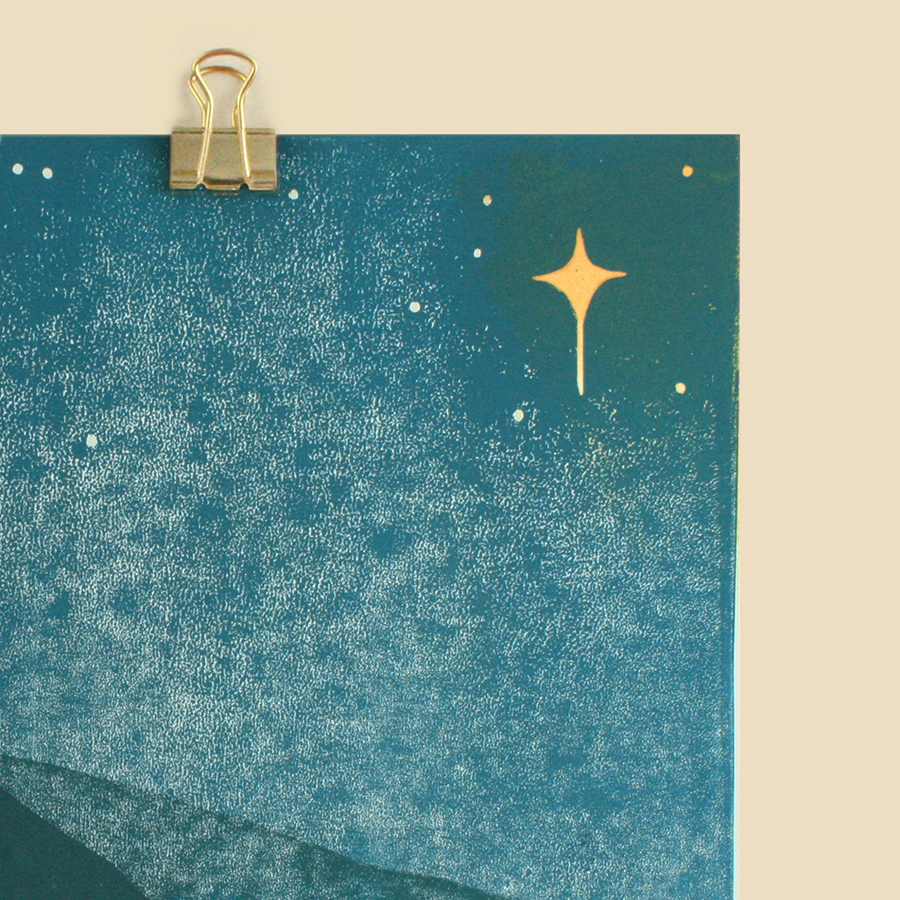 dark blue night sky with single bright star hand made card