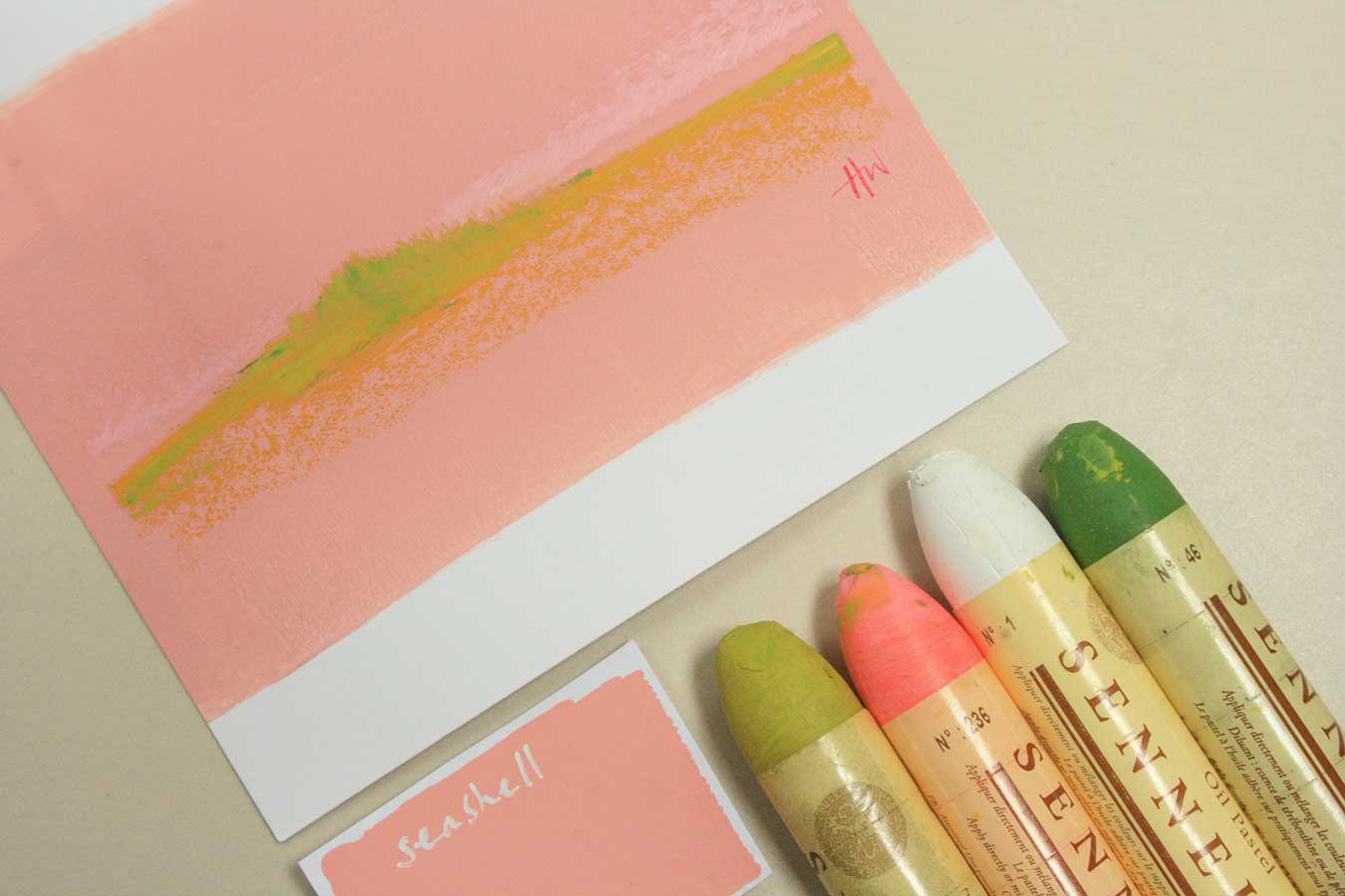 coral coloured landscape creatd using oil pastels made by sennelier